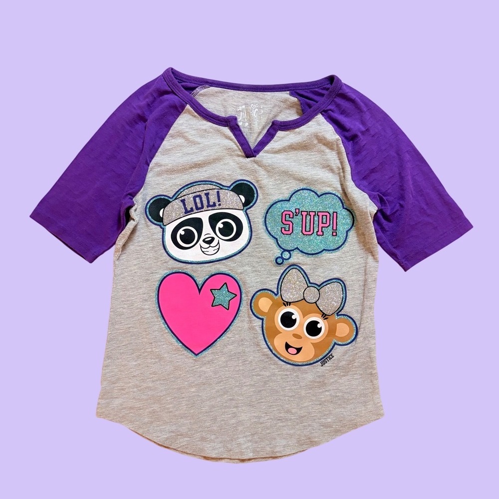 Y2K Justice Panda Monkey Glitter Raglan Tee Scene Cute #17